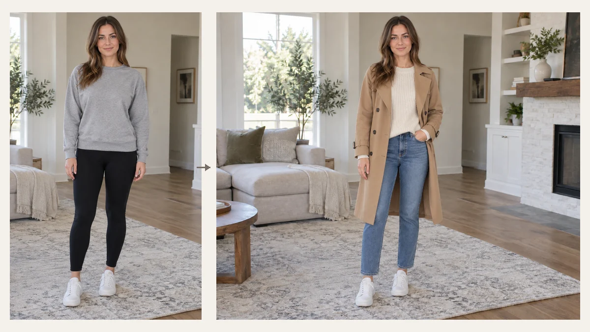AI outfit try on: a woman and a man each shown in a new complete outfit in the same living room
