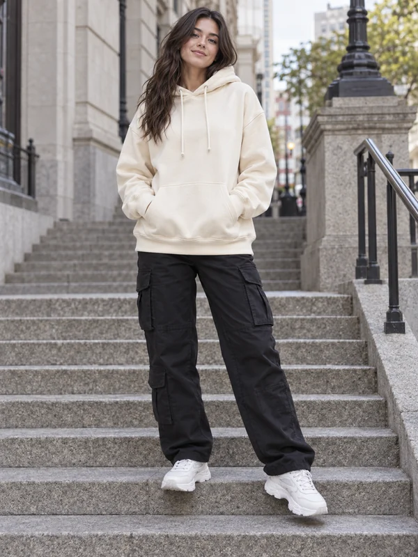 Streetwear outfit: a woman in a cream hoodie, black cargo pants and white sneakers on concrete steps