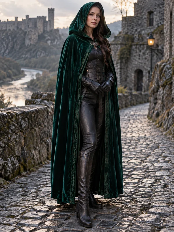 Fantasy costume outfit: a woman in an emerald velvet hooded cloak and leather boots on a stone path