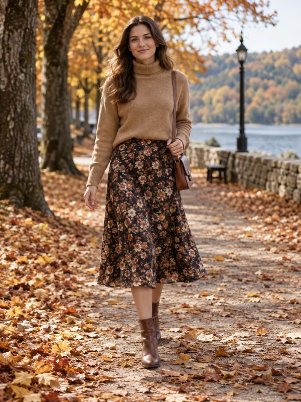 Fall outfit idea: a woman in a camel turtleneck and floral midi skirt among autumn leaves