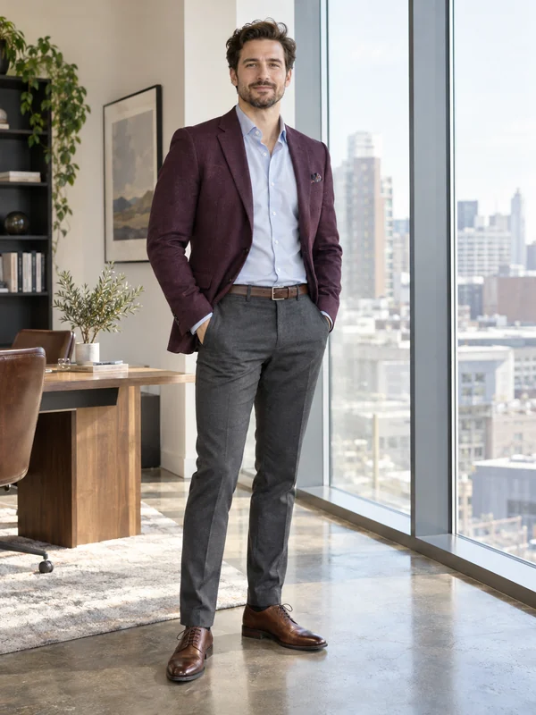Job interview outfit idea: a man in a plum blazer, light shirt and gray trousers by a window