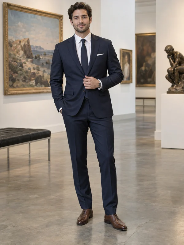Wedding guest outfit: a man in a navy suit, white shirt and dark tie in a bright gallery