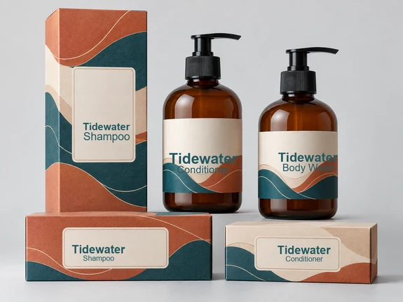 Packaging AI result: matching labeled bottles and boxes with the same brand name and wave design