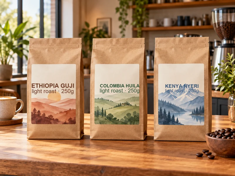 Coffee packaging family of three kraft bags with sketched landscape labels on a café counter