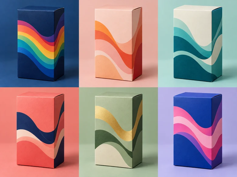 Six product box mockups with colorful wave designs on matching backgrounds from the packaging box mockup generator