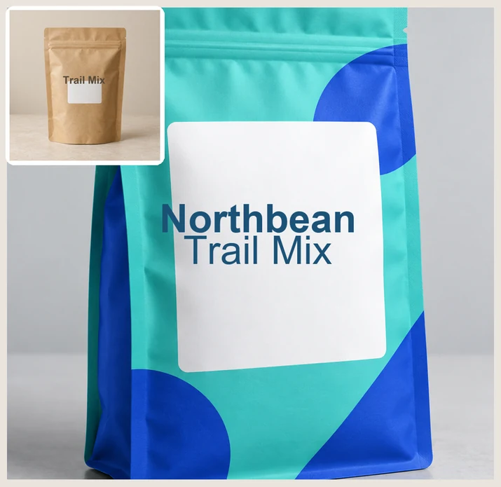 A plain kraft pouch redesigned by AI into a turquoise pouch with bold geometric shapes