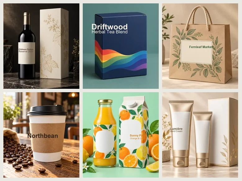AI package design mockups of a wine bottle, a product box, a kraft bag, a coffee cup, a juice carton, and cosmetic tubes
