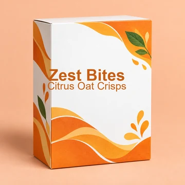 White snack box with orange wave illustrations on a peach background