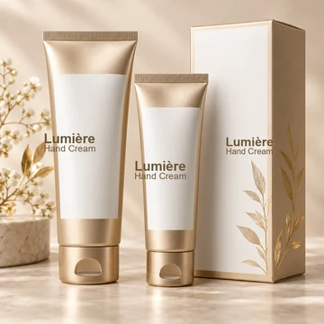 Two metallic champagne cosmetic tubes standing next to their box
