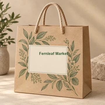 Kraft paper shopping bag with green leaf illustrations and a label