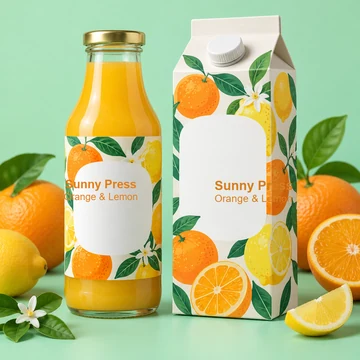 Orange juice bottle and carton packaging with lemon illustrations on a mint background