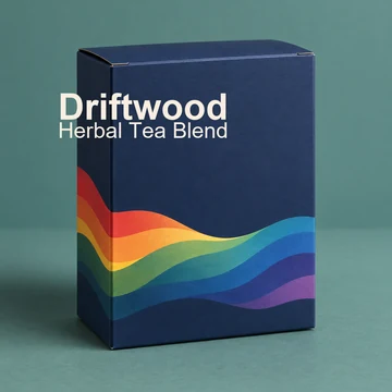 AI generated navy product box with a rainbow wave pattern on a teal background
