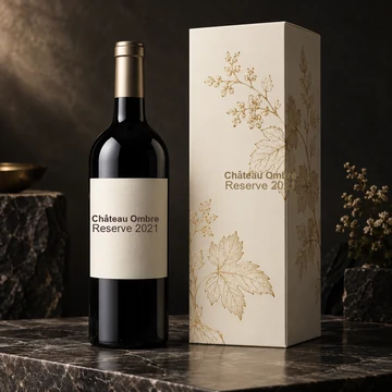 Dark wine bottle with a label next to a cream gift box with gold line art