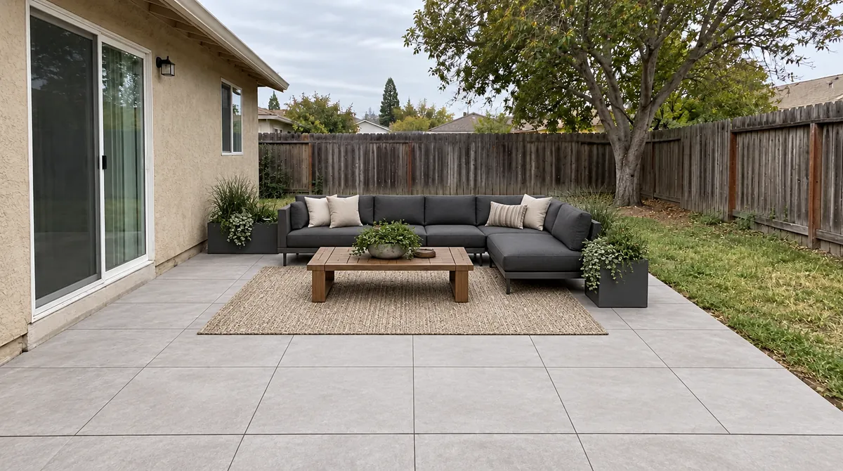 Drag to compare the bare concrete patio and its modern redesign (after)