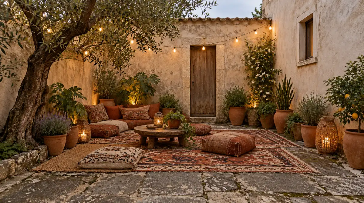 Drag to compare the plain courtyard and the bohemian courtyard design (after)