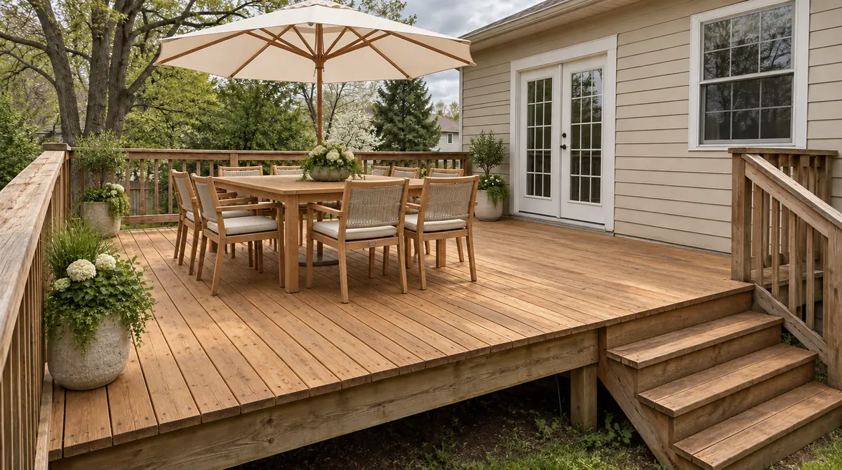 Drag to compare the old wooden deck and the new dining deck (after)