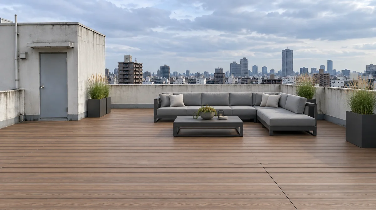 Drag to compare the empty rooftop and the furnished rooftop terrace (after)