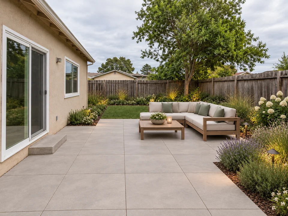 Drag to compare an overgrown backyard and the same yard as a modern patio (after)