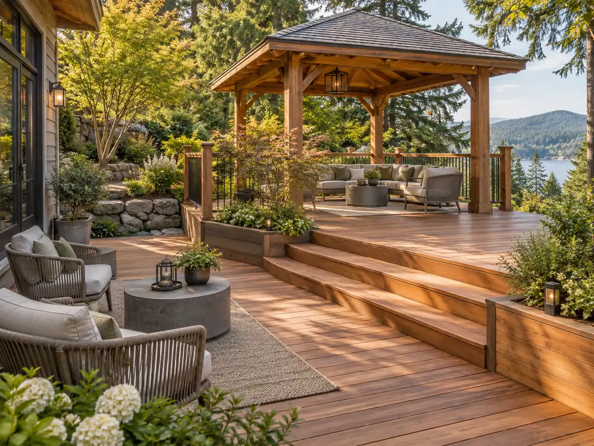 AI deck design of a multi-level wooden deck and gazebo surrounded by a lush garden