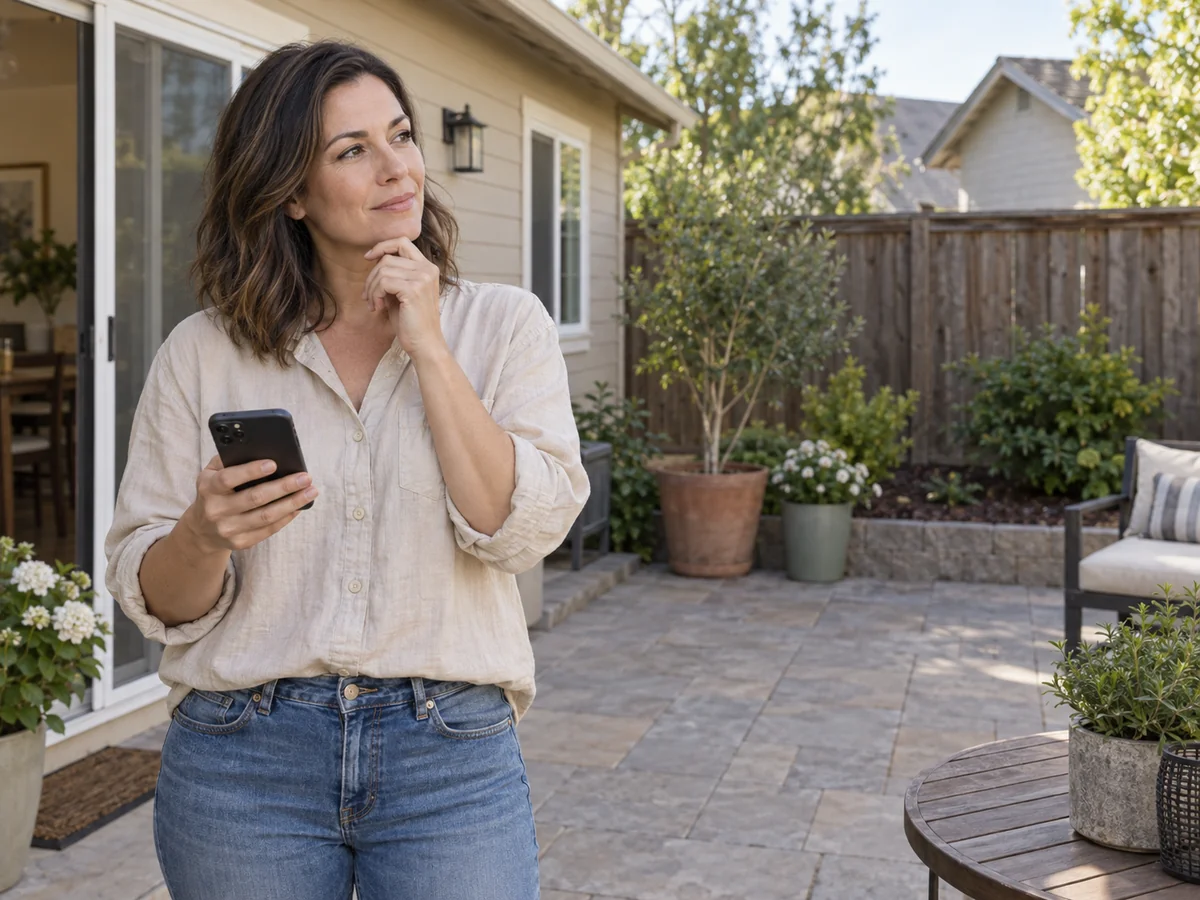 Homeowner standing in her backyard and planning a patio on her phone