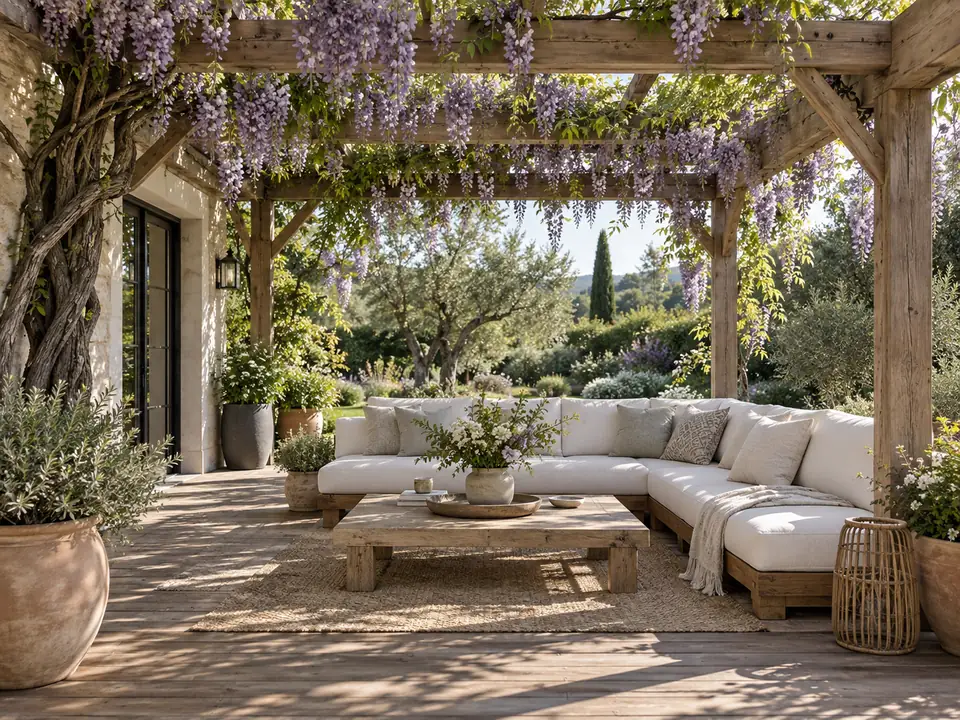 Patio with a timber pergola covered in wisteria, a white outdoor sofa, and a wood deck