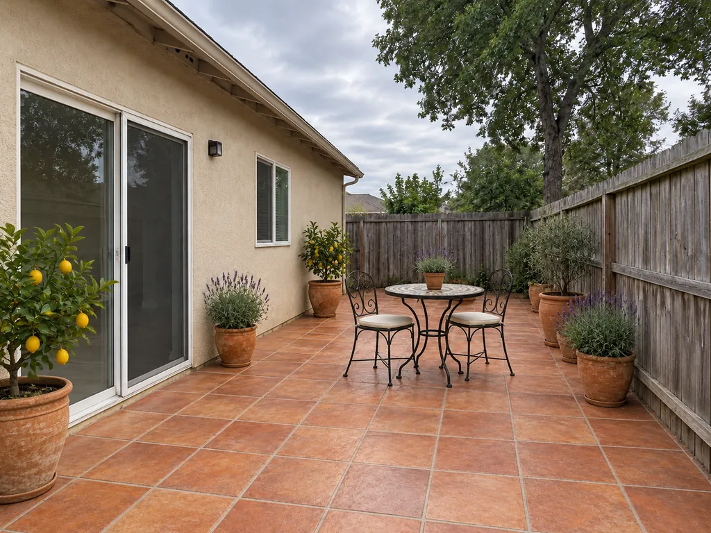 Drag to compare a bare side yard and the same space as a Mediterranean terrace (after)
