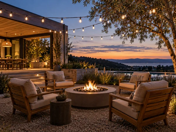 Evening fire pit lounge with lounge chairs under string lights