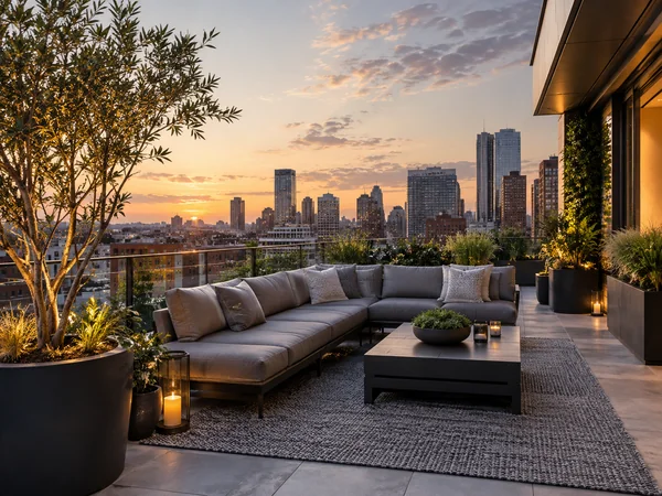 Rooftop terrace with a gray sectional, planters, and a city skyline