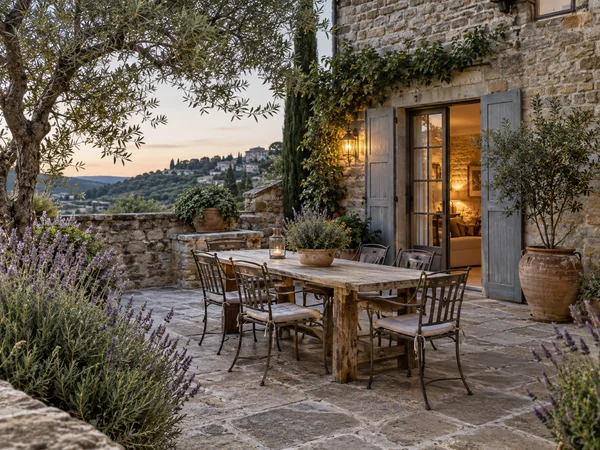 European-style stone patio with a wooden table, metal chairs, and lavender