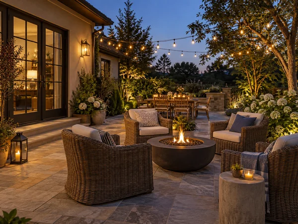 Garden patio at dusk with wicker chairs and string lights