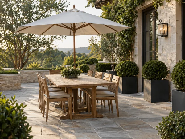 Dining patio with a teak table, an umbrella, and boxwood planters