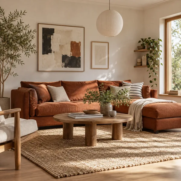 Bright living room with the sofa replaced by a rust-colored linen sofa