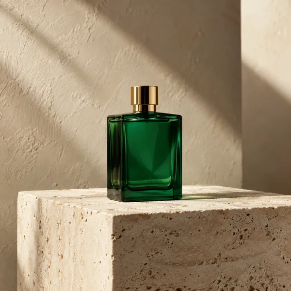 Green perfume bottle on a travertine pedestal against warm plaster after an AI background edit