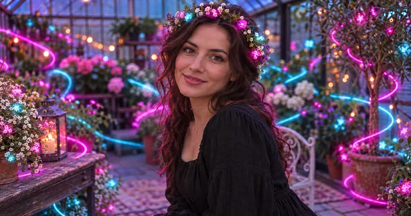 Drag to compare the portrait in a greenhouse and the neon glow style edit (after)