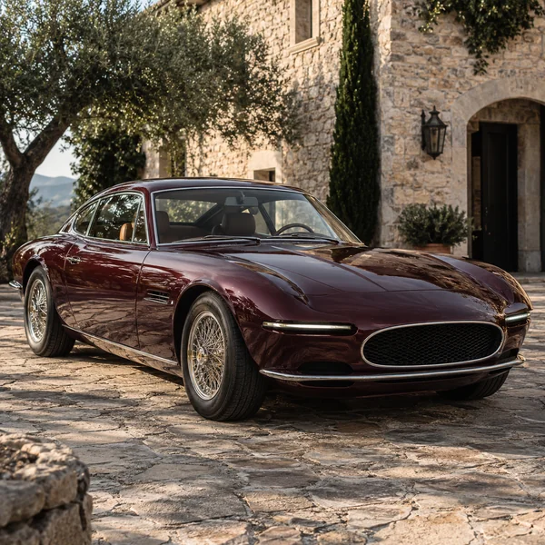 Vintage coupe recolored to deep burgundy paint with an AI photo editor