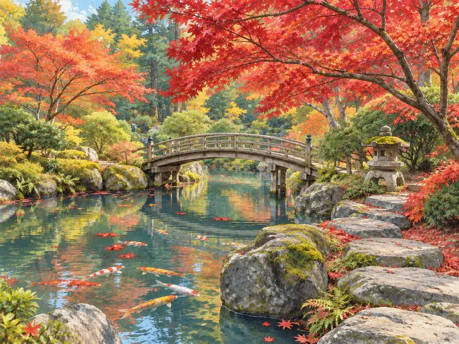 Drag to compare the autumn garden photo and the illustrated version (after)