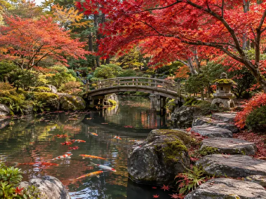 Drag to compare the autumn garden photo and the illustrated version (before)