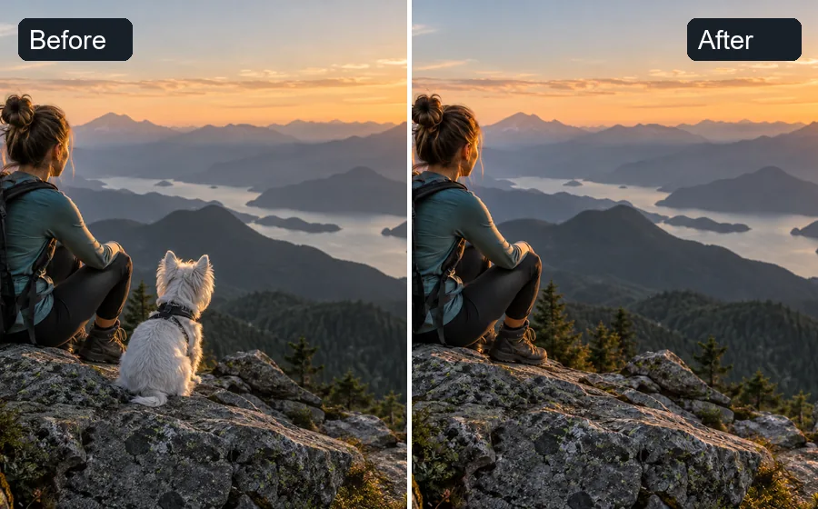 Hiker on a mountain ledge shown with a dog beside him and after the dog was removed by AI