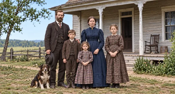 Drag to compare the damaged black-and-white family photo and the restored color version (after)