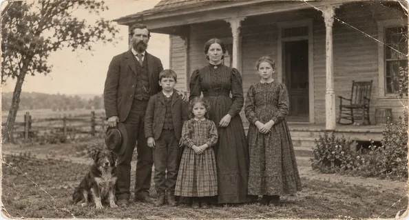 Drag to compare the damaged black-and-white family photo and the restored color version (before)