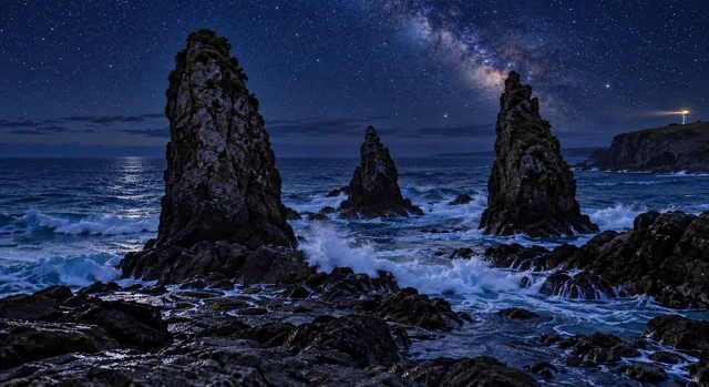 Drag to compare the sea stacks at sunset and the same coast edited into a starry night (after)