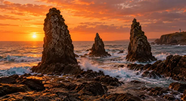Drag to compare the sea stacks at sunset and the same coast edited into a starry night (before)