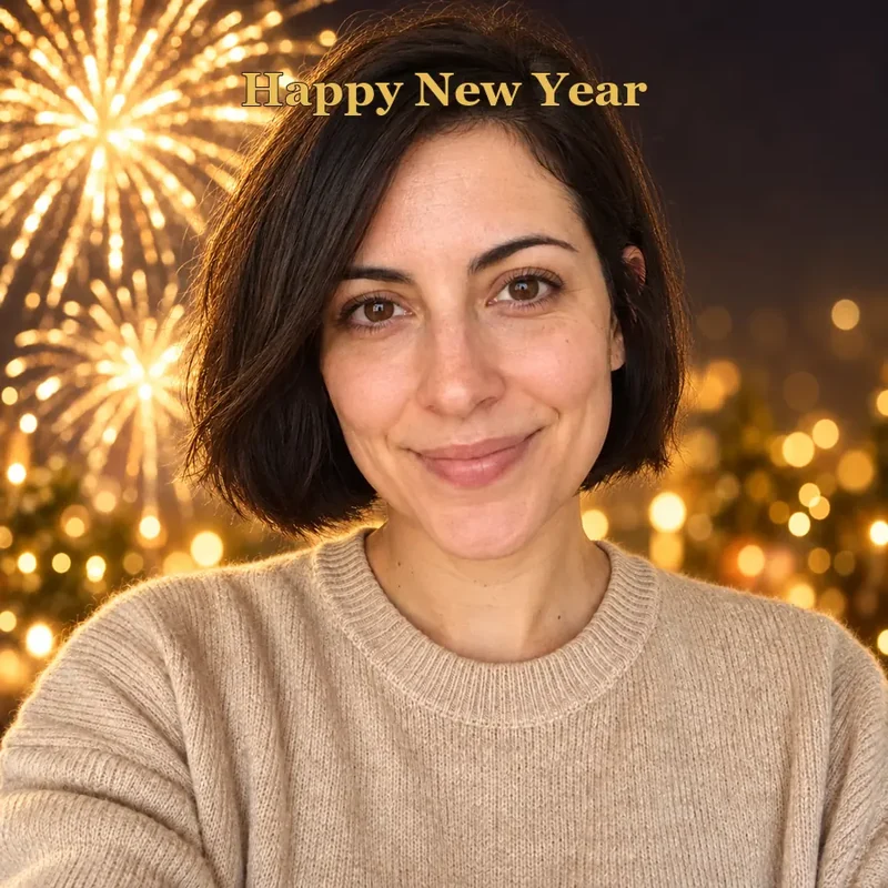 Drag to compare a plain selfie with the same woman in a New Year fireworks photoshoot (after)
