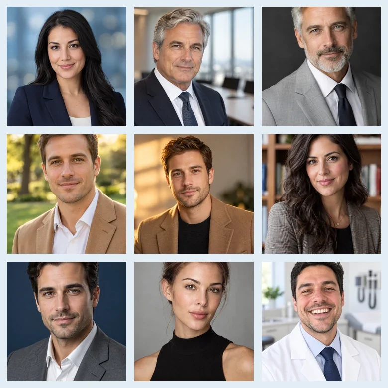 A grid of professional AI headshots: corporate, LinkedIn, doctor and business portraits