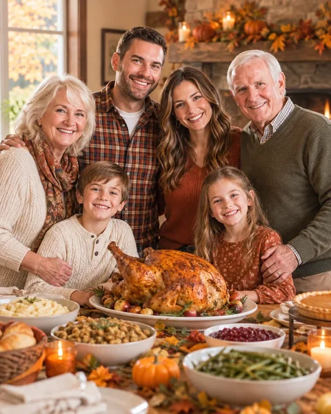 Family photoshoot: three generations smiling together around a festive dinner table