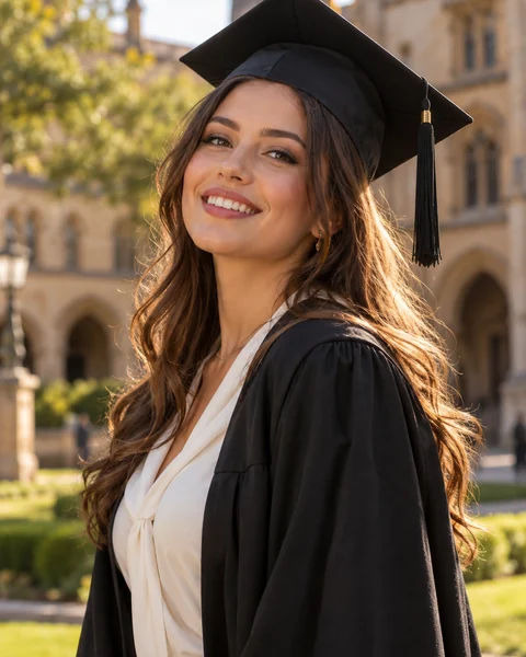 Graduation photoshoot: a smiling woman wearing a graduation cap and a shimmering gold outfit