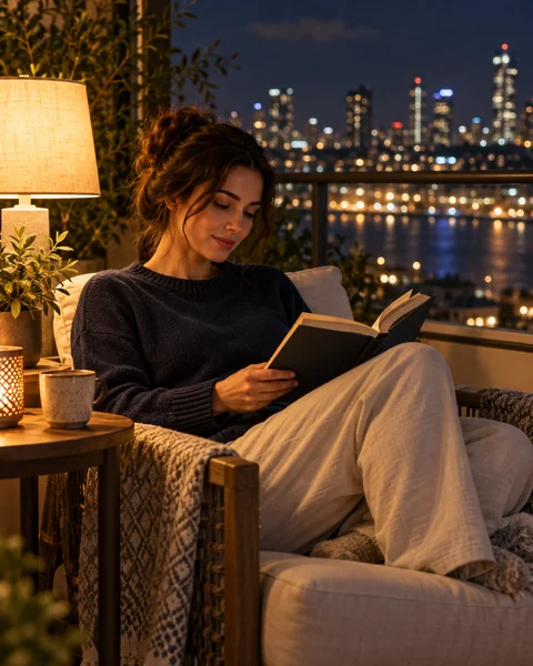 AI photoshoot lounge scene: a woman relaxing in an armchair on a balcony at night under a warm lamp