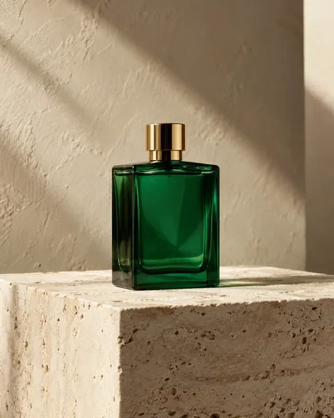 Perfume photoshoot: a green perfume bottle on a travertine pedestal in warm studio light