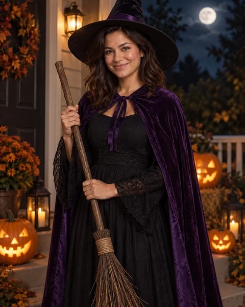 Spooky photo shoot: a woman in a witch costume with a broom among glowing pumpkins at night