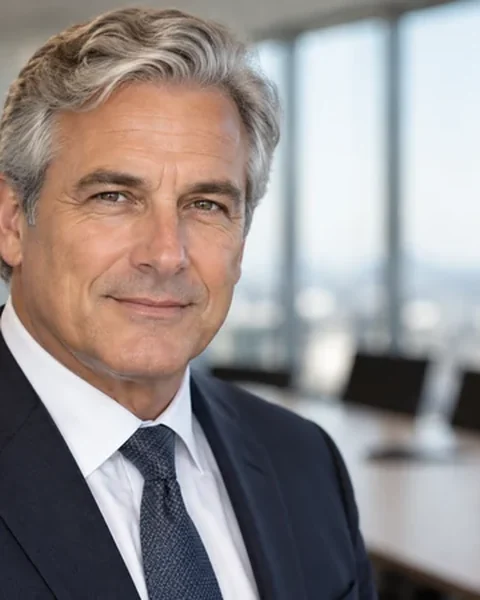 Startup photoshoot: a smiling executive in a suit in a bright boardroom